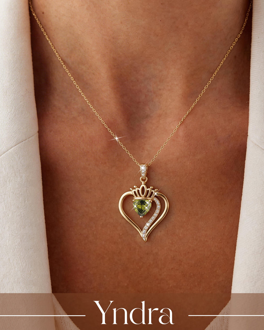 Yndra 18K Gold Plated Heart Necklace for Women,S925 Sterling Silver August Peridot Birthstone Crown Pendant Necklace,Jewelry Gift for Her Wife Mom Girlfriend,Birthday Mother’S Day Gift