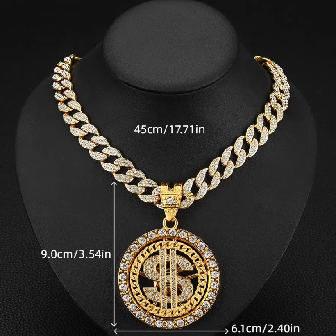 Dollar Sign Rotatable Pendant for Men Iced Out Dollar Money Cuban Necklace, Hip Hop Dollar Medal Cuban Chain Necklace Gold CZ Dollar Money Cuban Necklace Men’S Rapper Dollar Symbol Jewelry