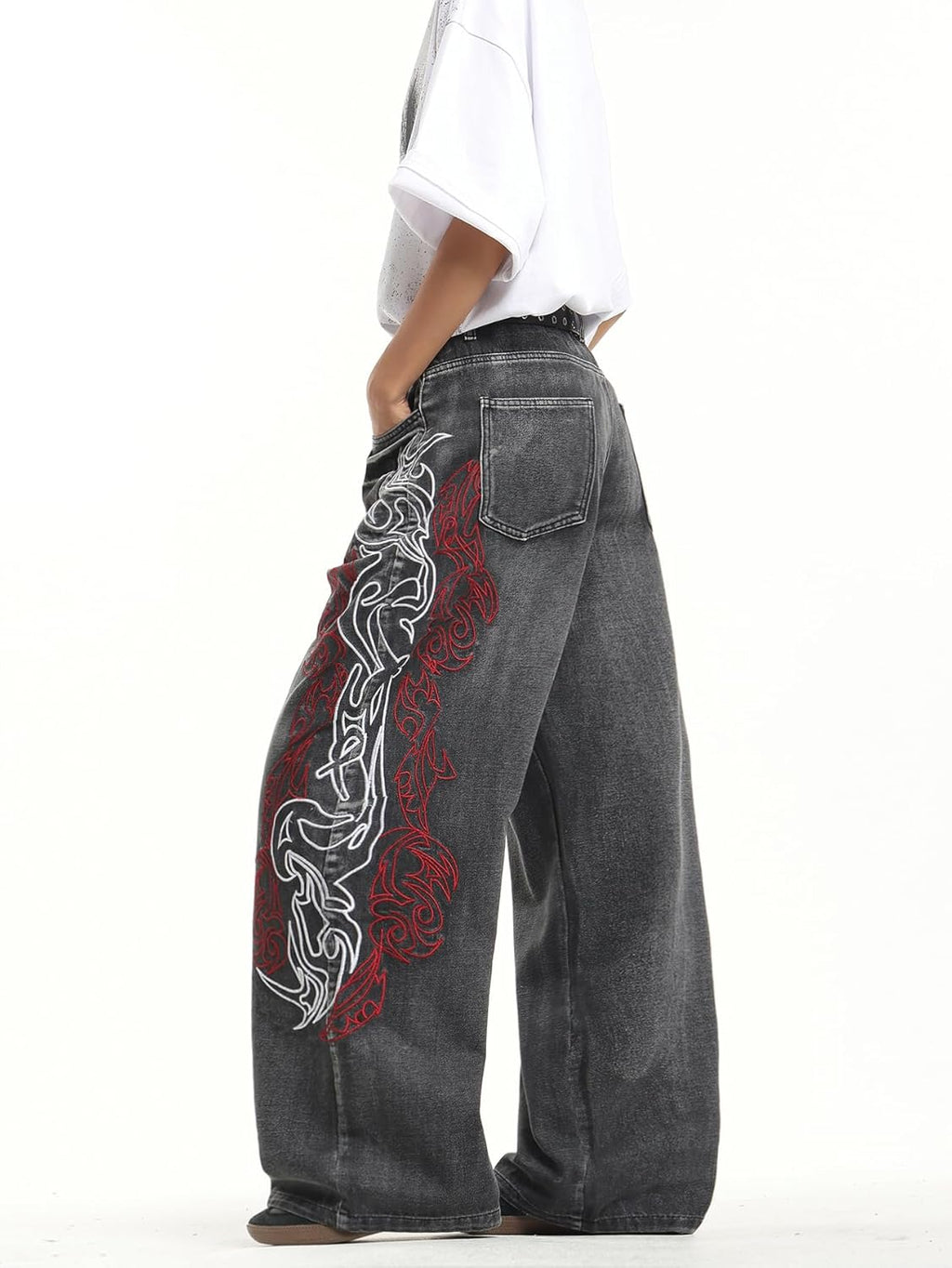 Mens Baggy Jeans Embroidered Wide Leg Pants | Hip Hop, Y2K 2000S Jinco, Oversized, Skater Streetwear, Denim, Relaxed Loose Fit, Skateboard, Extra, Stylish, Casual