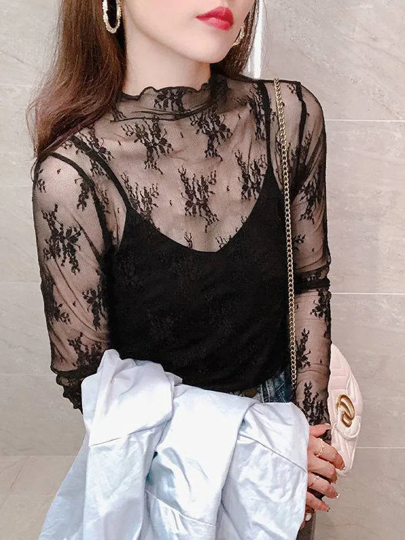 Summer Women Lace Floral Embroidery Blouses Shirt Ladies Tops Sexy Mesh Blouses Transparent Elegant See-Through Black Shirt