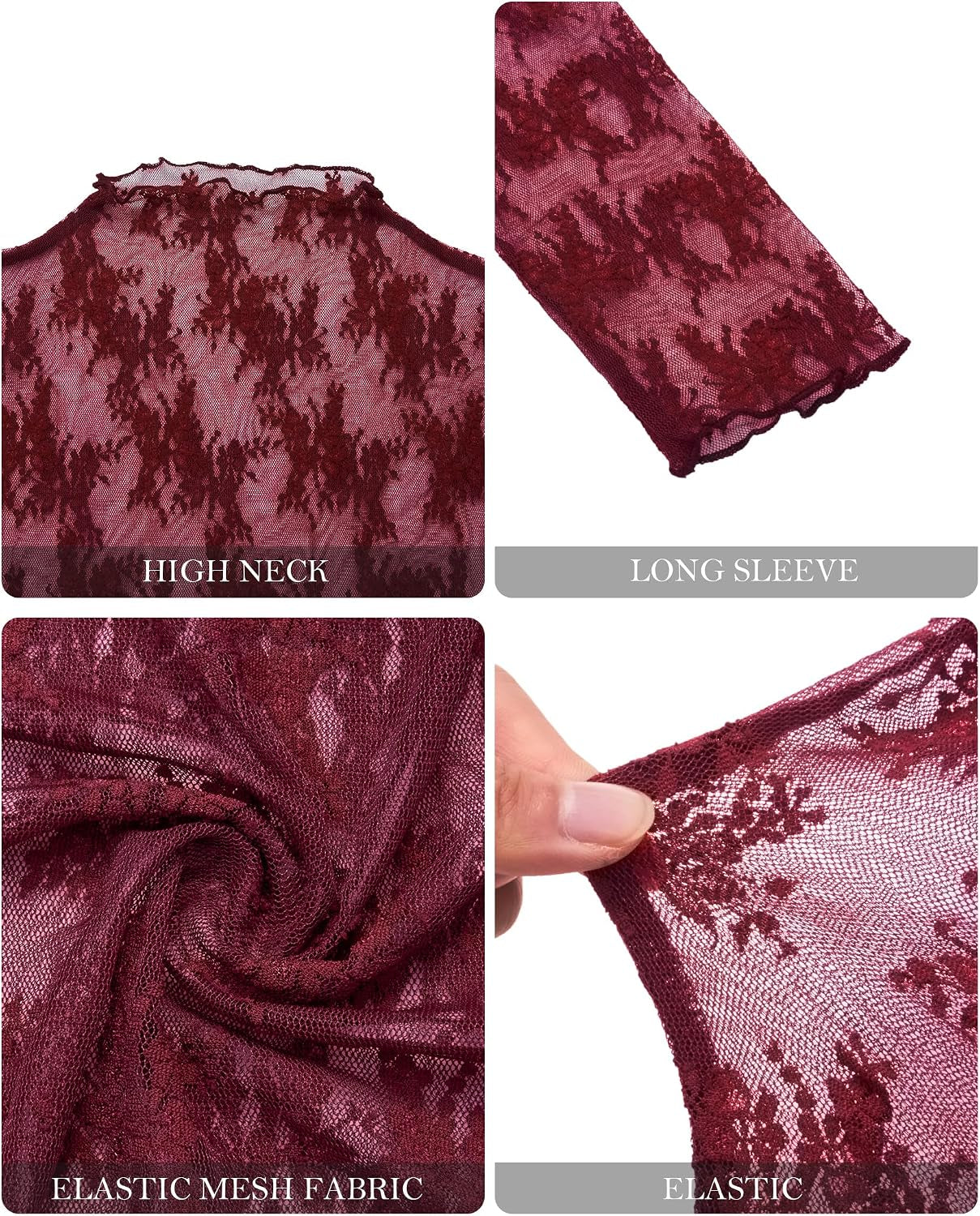 Lace Tops for Women Mesh Long Sleeve Top Sheer Lace Shirt Floral Mock Neck Party Club Lace Undershirt