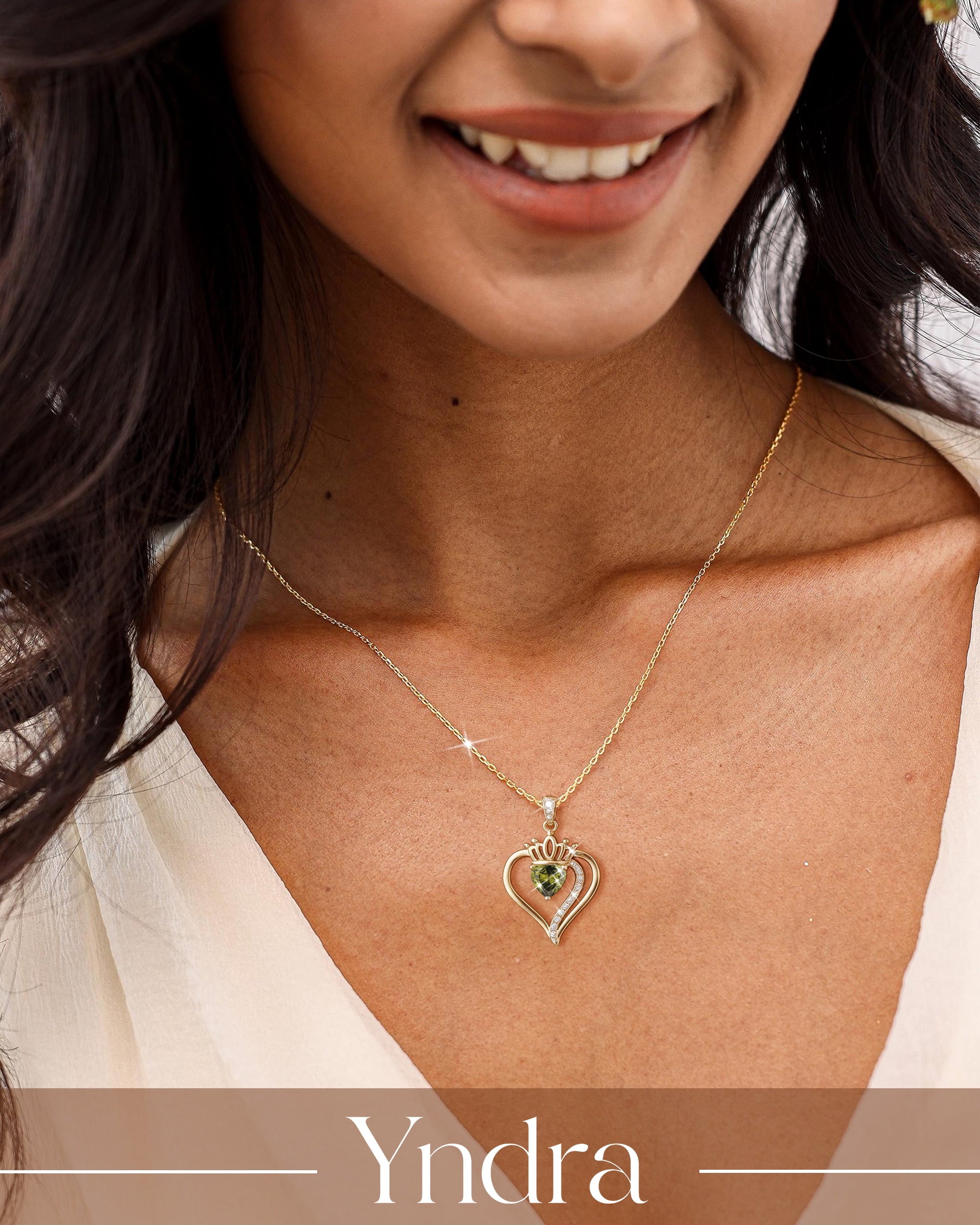 Yndra 18K Gold Plated Heart Necklace for Women,S925 Sterling Silver August Peridot Birthstone Crown Pendant Necklace,Jewelry Gift for Her Wife Mom Girlfriend,Birthday Mother’S Day Gift