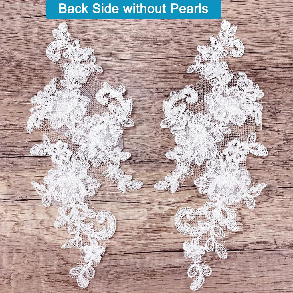 Sew on Embroidered Lace Flower Appliques, 1 Pairs 3D Pearl Organza White Floral Embroidery Patches for Wedding Bridal Dress Gown Headpiece Clothing Bodice Craft DIY (White-Off)