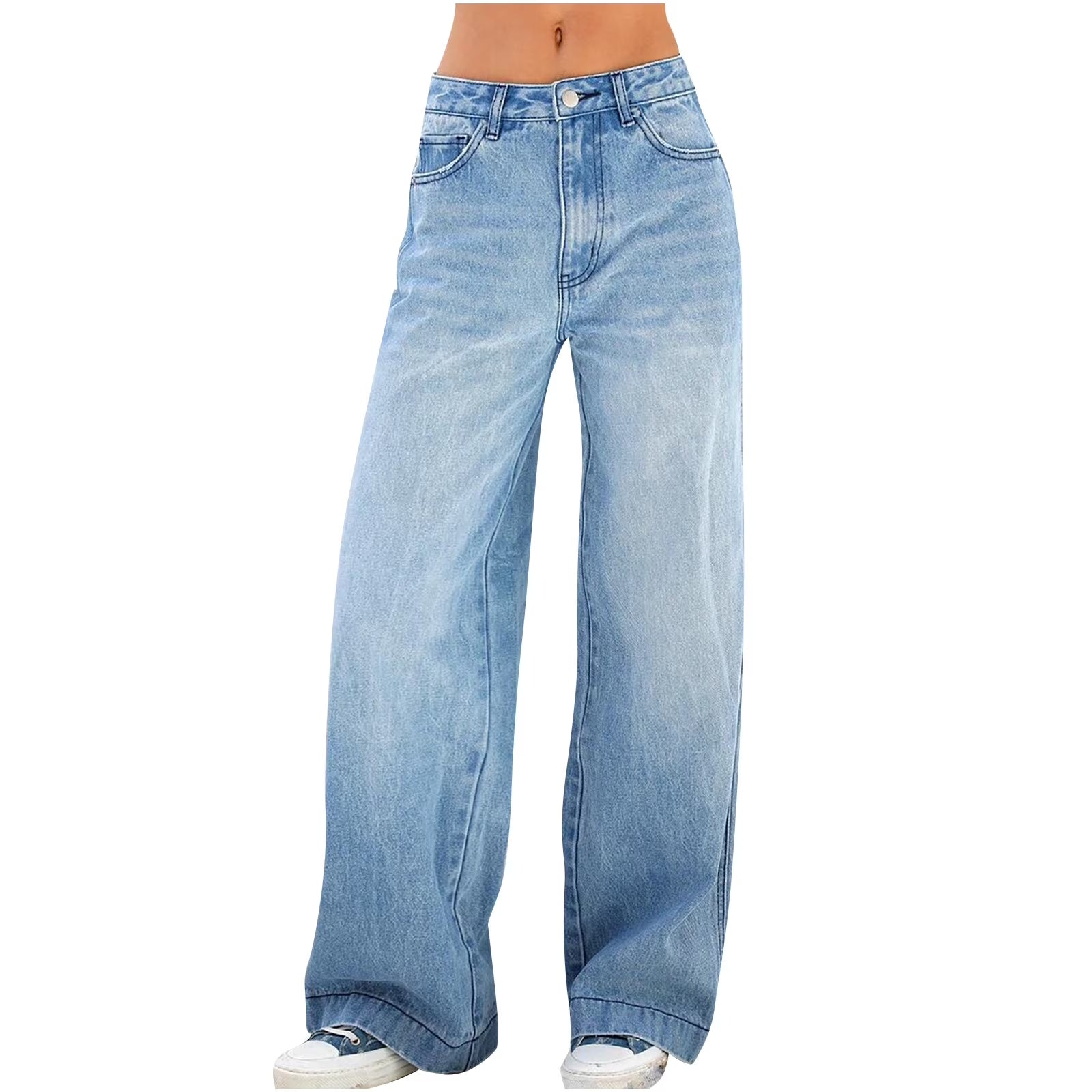 Women'S Fashion Jeans High Waisted Wide Leg Jeans Summer Casual Straight Baggy Jeans Color Block Patch Denim Trousers Dark Blue,M