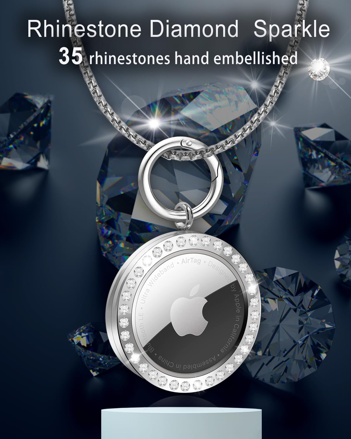 Airtag Necklace,Titanium Alloy Metal Rhinestone Design Airtag Necklace,75Cm/29.5In Adjustable Alloy Chain Air Tag Neck Lace Compatible Apple Aritag