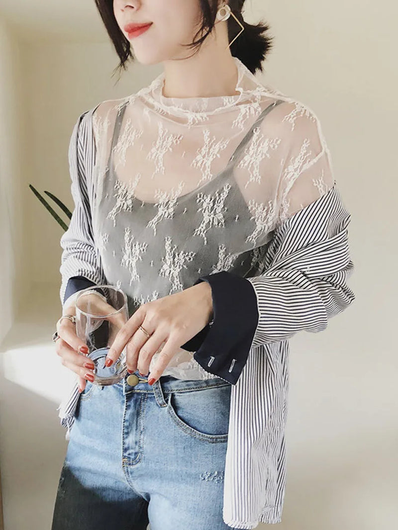 Summer Women Lace Floral Embroidery Blouses Shirt Ladies Tops Sexy Mesh Blouses Transparent Elegant See-Through Black Shirt