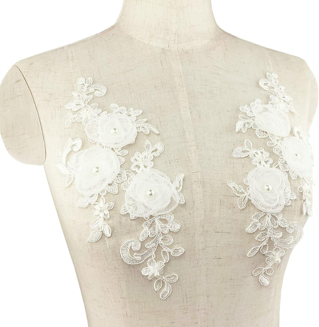 Sew on Embroidered Lace Flower Appliques, 1 Pairs 3D Pearl Organza White Floral Embroidery Patches for Wedding Bridal Dress Gown Headpiece Clothing Bodice Craft DIY (White-Off)