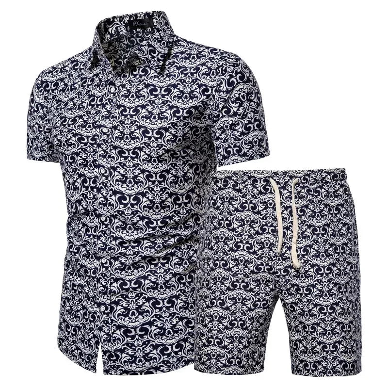 Summer New Men'S Clothing Short-Sleeved Printed Shirts Shorts 2 Piece Fashion Male Casual Beach Vacations Clothes