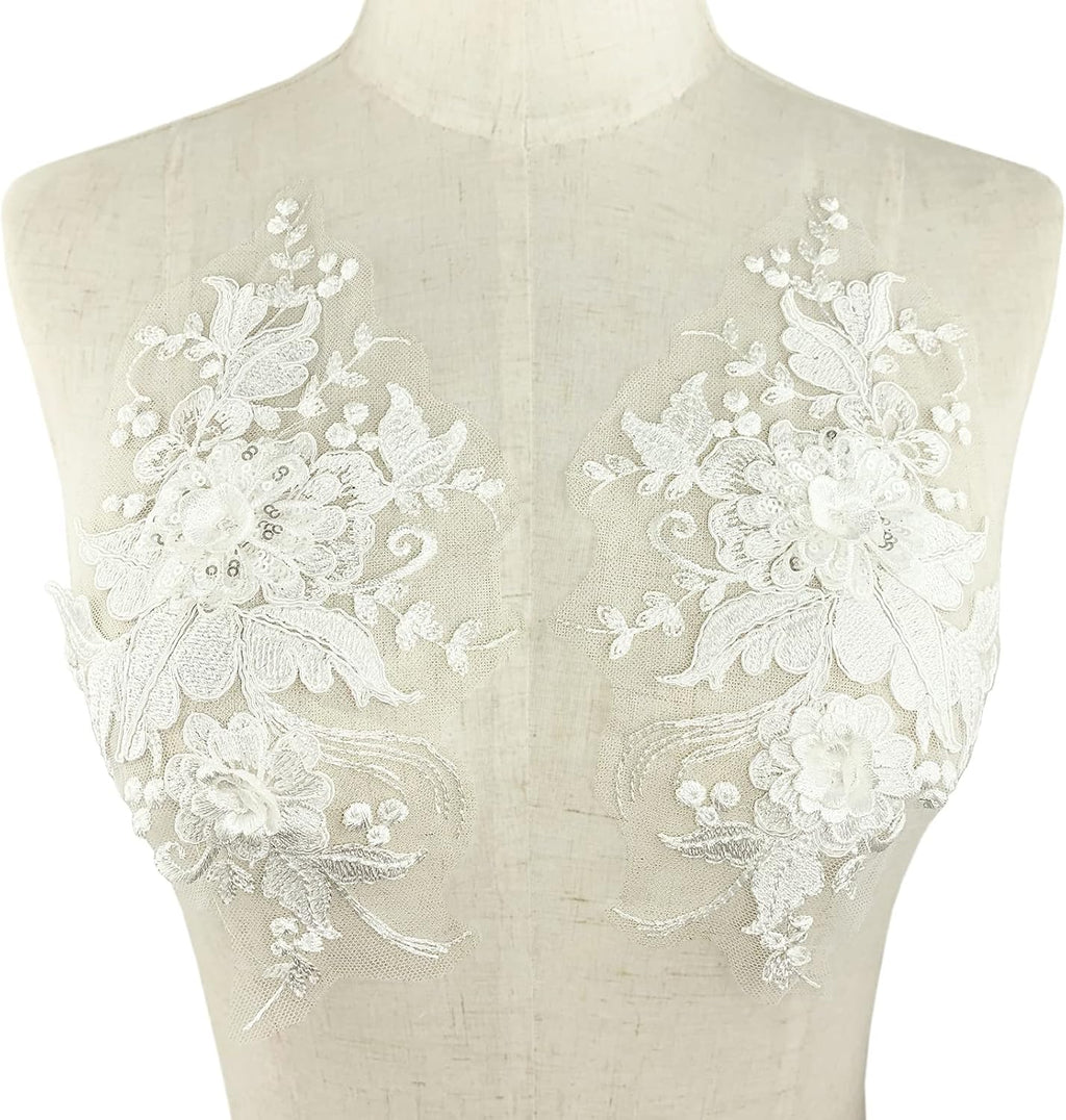 3D Flower Lace Appliques 1 Pair White Embroidered Floral Sew on Embroidery Patches for Wedding Bridal Dress Gown Clothing Bodice Craft DIY (#2 Sequin Flower)