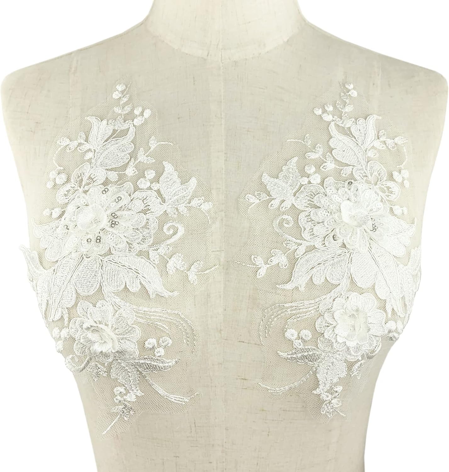 3D Flower Lace Appliques 1 Pair White Embroidered Floral Sew on Embroidery Patches for Wedding Bridal Dress Gown Clothing Bodice Craft DIY (#2 Sequin Flower)