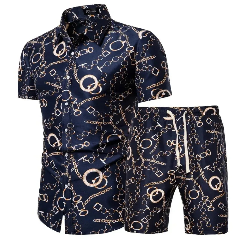 Summer New Men'S Clothing Short-Sleeved Printed Shirts Shorts 2 Piece Fashion Male Casual Beach Vacations Clothes