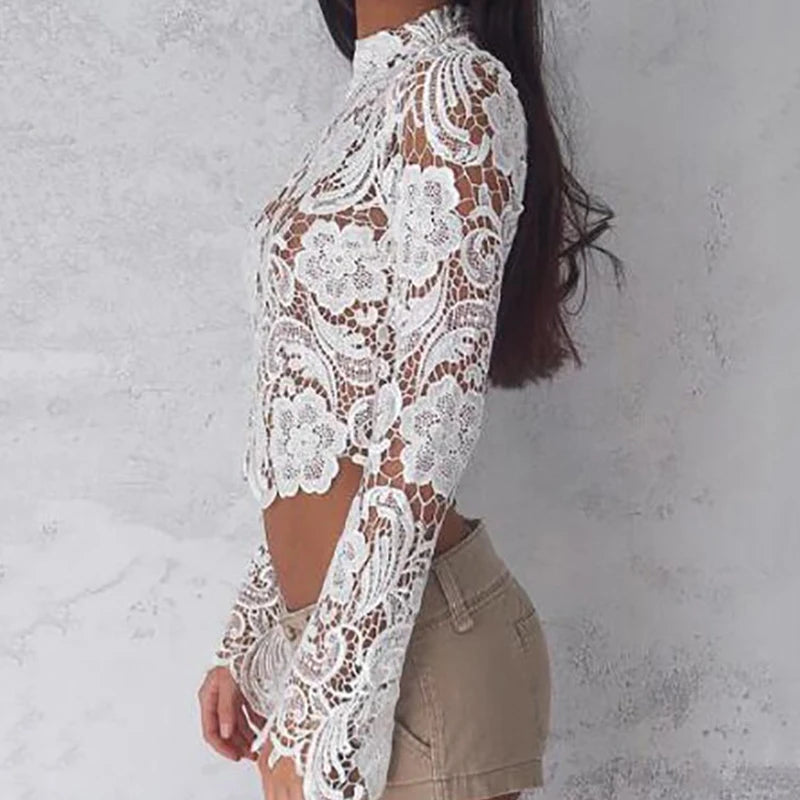 Elegant Turtleneck White Lace Blouses See through Sexy Long Sleeve Crochet Short Blouse Women Fashion Tops Floral Ladies Shirt