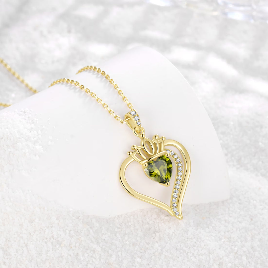 Yndra 18K Gold Plated Heart Necklace for Women,S925 Sterling Silver August Peridot Birthstone Crown Pendant Necklace,Jewelry Gift for Her Wife Mom Girlfriend,Birthday Mother’S Day Gift