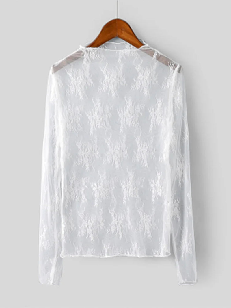 Summer Women Lace Floral Embroidery Blouses Shirt Ladies Tops Sexy Mesh Blouses Transparent Elegant See-Through Black Shirt