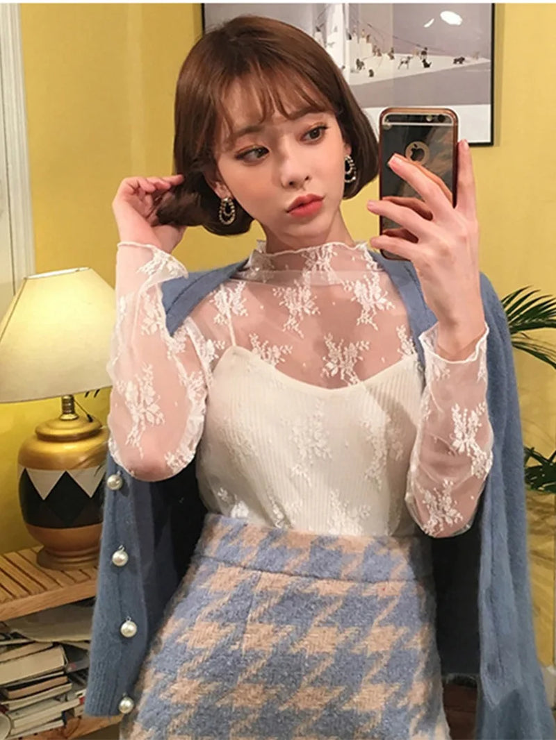 Summer Women Lace Floral Embroidery Blouses Shirt Ladies Tops Sexy Mesh Blouses Transparent Elegant See-Through Black Shirt