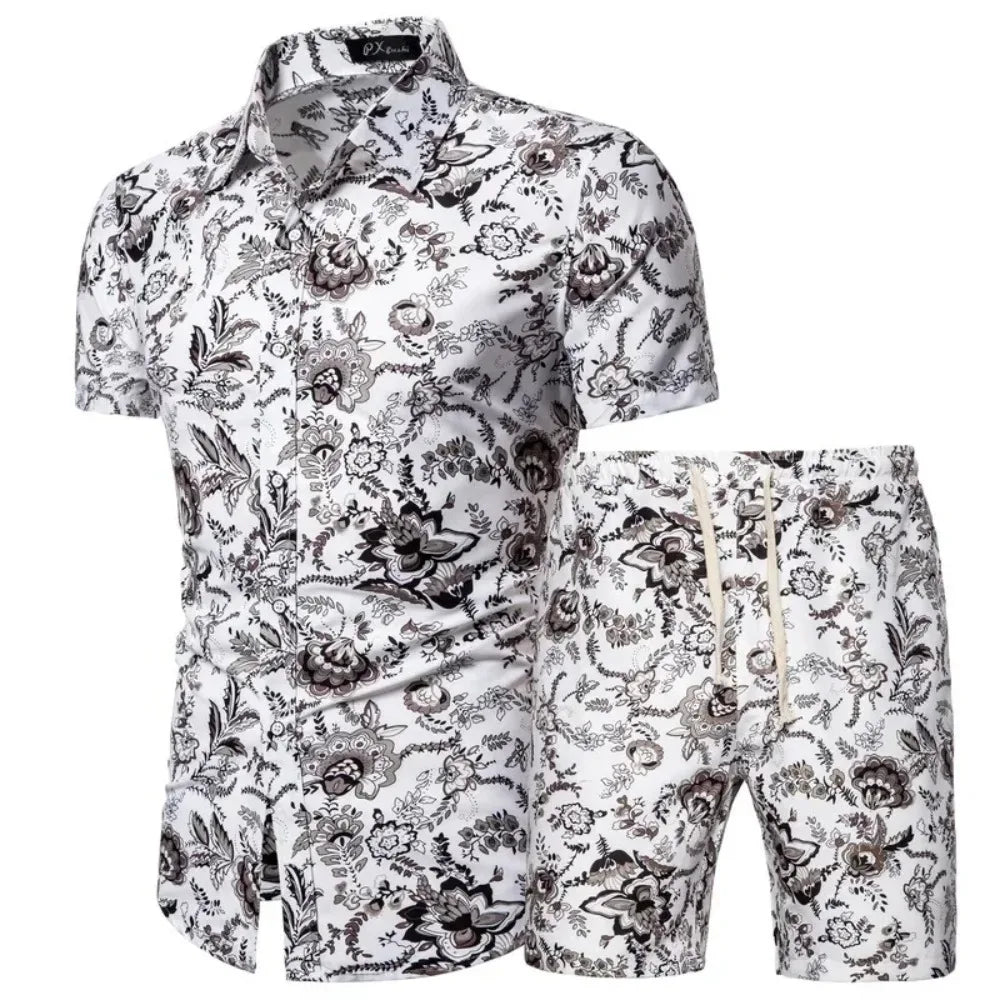 Summer New Men'S Clothing Short-Sleeved Printed Shirts Shorts 2 Piece Fashion Male Casual Beach Vacations Clothes