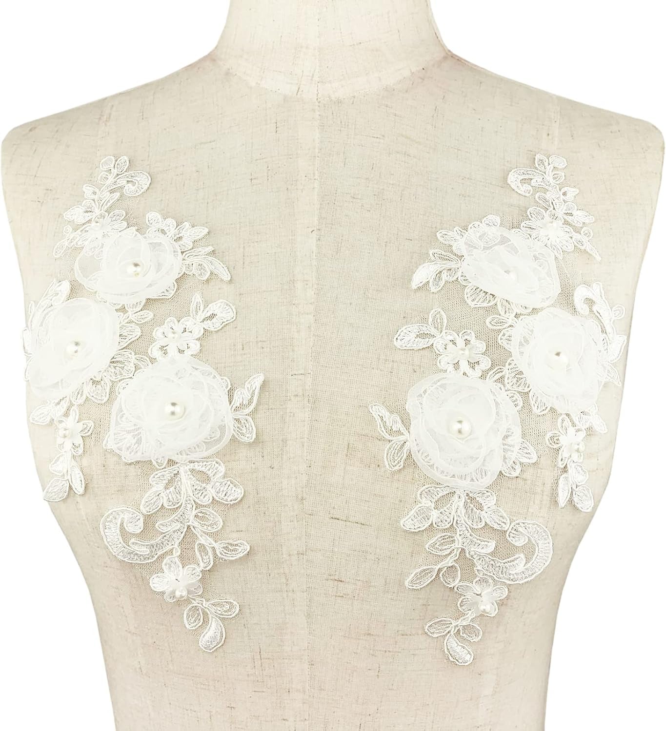 Sew on Embroidered Lace Flower Appliques, 1 Pairs 3D Pearl Organza White Floral Embroidery Patches for Wedding Bridal Dress Gown Headpiece Clothing Bodice Craft DIY (White-Off)