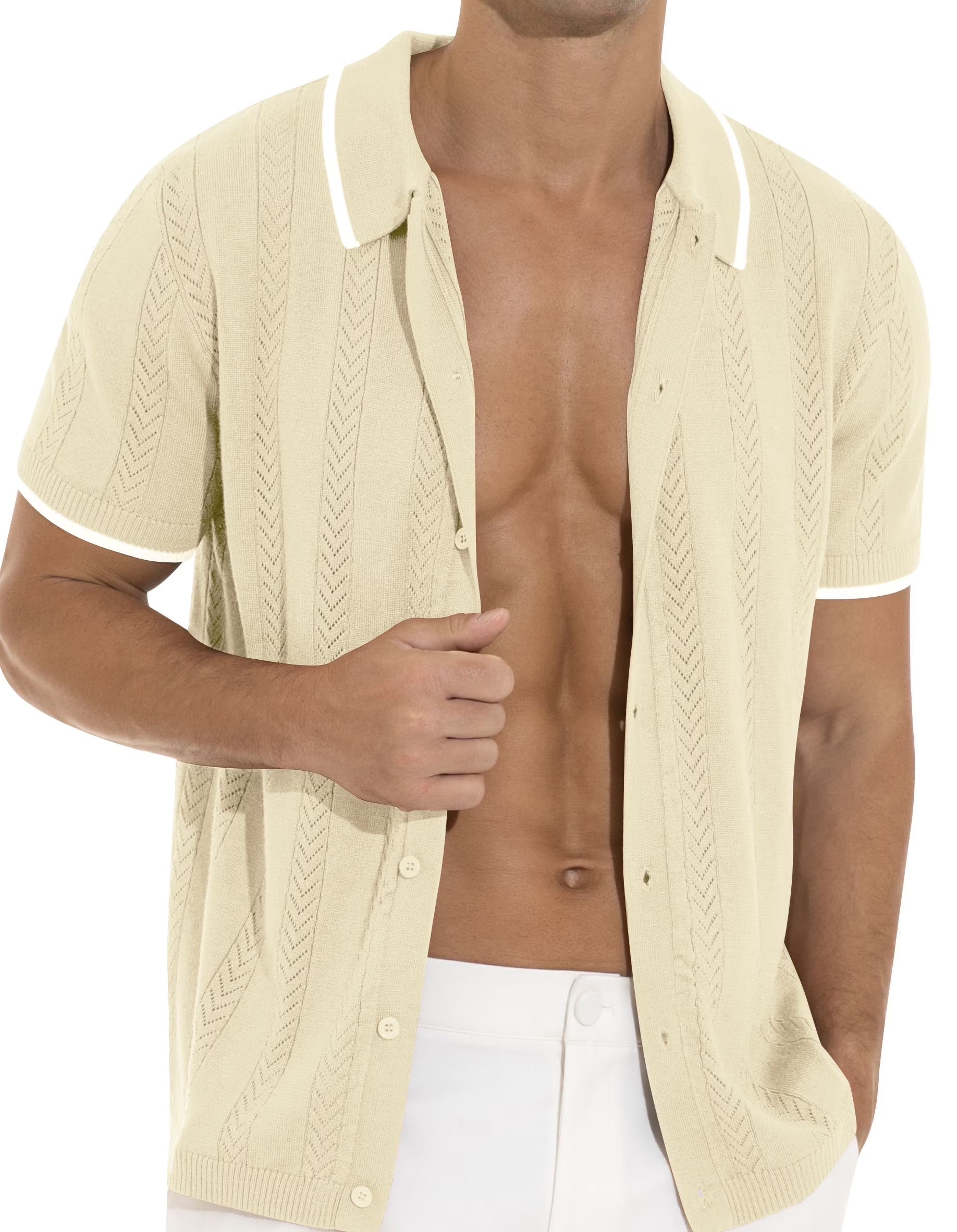Men'S Casual Button down Shirt Short Sleeve Vintage Clothes Knit Polo Shirts Summer Beach Shirts