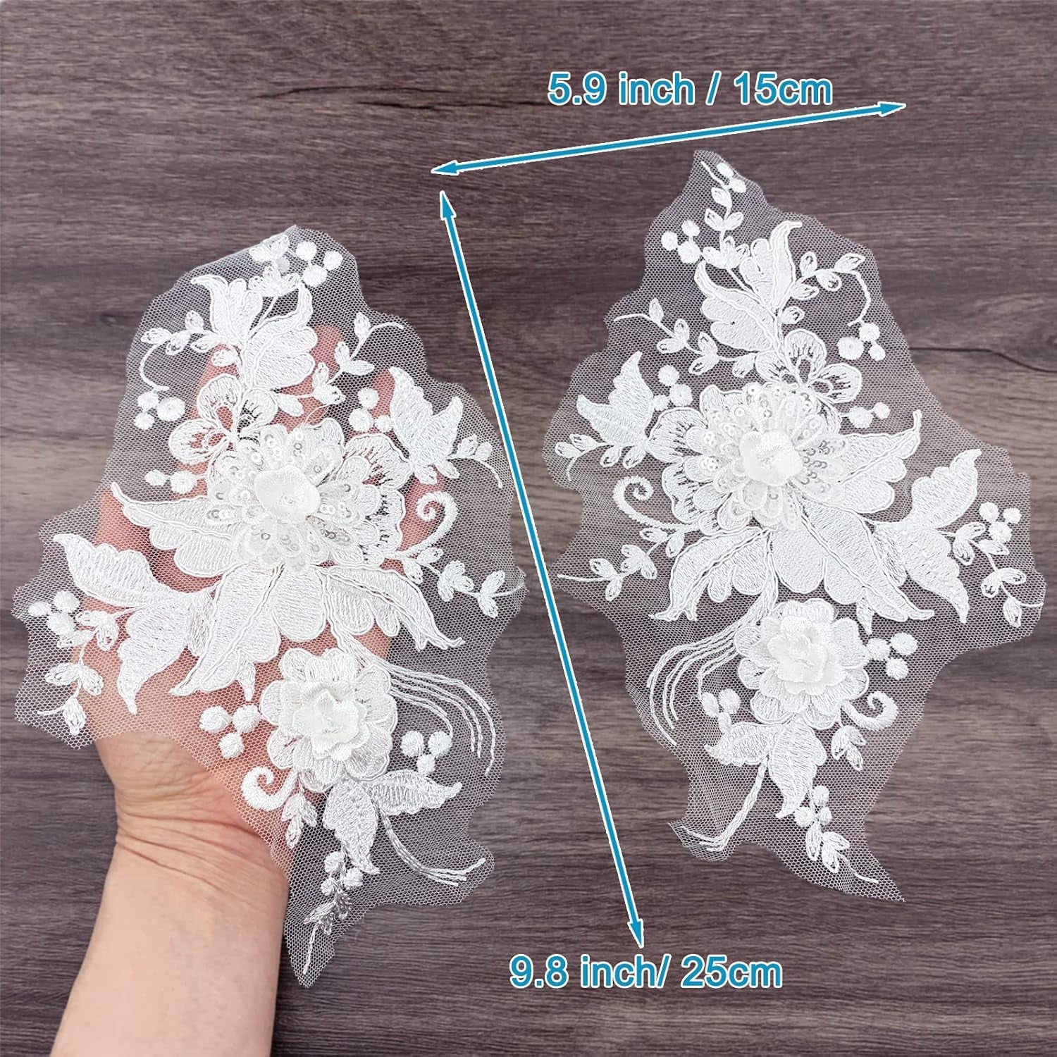 3D Flower Lace Appliques 1 Pair White Embroidered Floral Sew on Embroidery Patches for Wedding Bridal Dress Gown Clothing Bodice Craft DIY (#2 Sequin Flower)