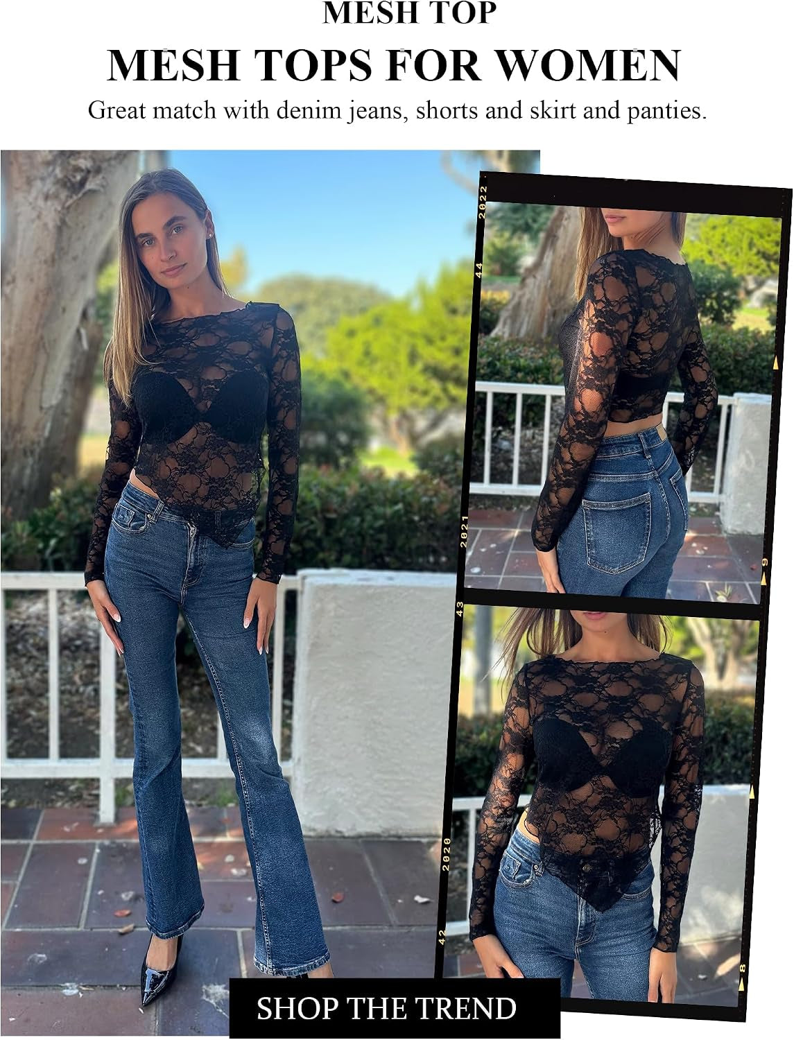 Womens Mesh Tops Lace Long Sleeve Shirts Crewneck Slim Fitted Outfits See through Blouses