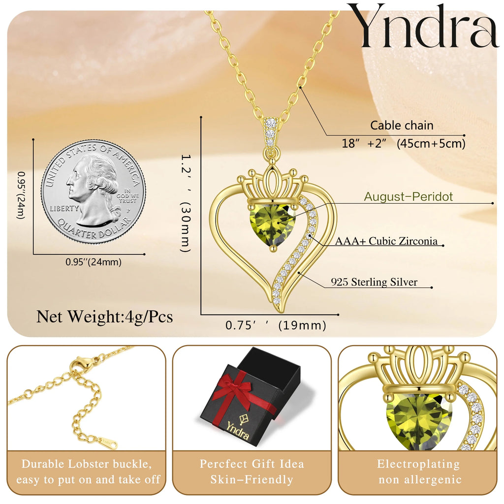 Yndra 18K Gold Plated Heart Necklace for Women,S925 Sterling Silver August Peridot Birthstone Crown Pendant Necklace,Jewelry Gift for Her Wife Mom Girlfriend,Birthday Mother’S Day Gift