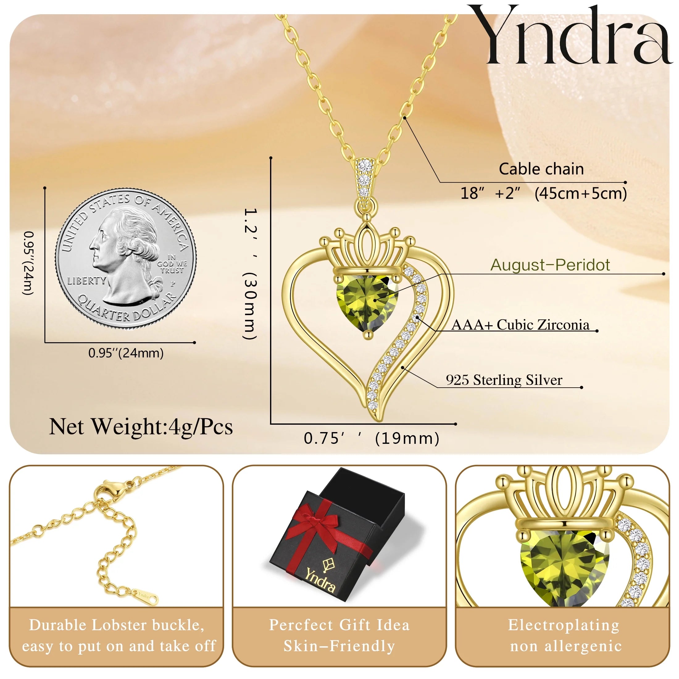 Yndra 18K Gold Plated Heart Necklace for Women,S925 Sterling Silver August Peridot Birthstone Crown Pendant Necklace,Jewelry Gift for Her Wife Mom Girlfriend,Birthday Mother’S Day Gift
