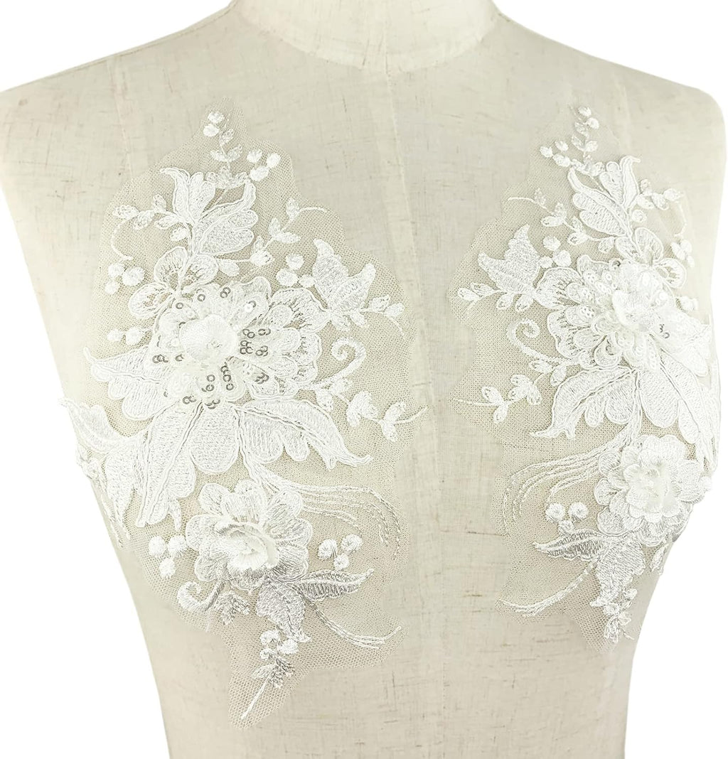 3D Flower Lace Appliques 1 Pair White Embroidered Floral Sew on Embroidery Patches for Wedding Bridal Dress Gown Clothing Bodice Craft DIY (#2 Sequin Flower)