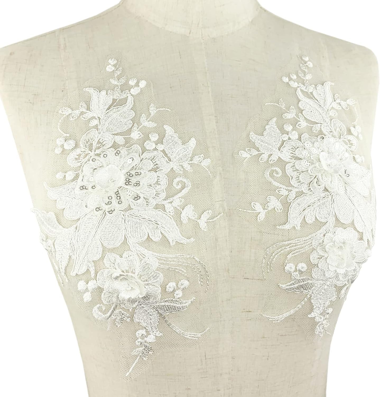 3D Flower Lace Appliques 1 Pair White Embroidered Floral Sew on Embroidery Patches for Wedding Bridal Dress Gown Clothing Bodice Craft DIY (#2 Sequin Flower)