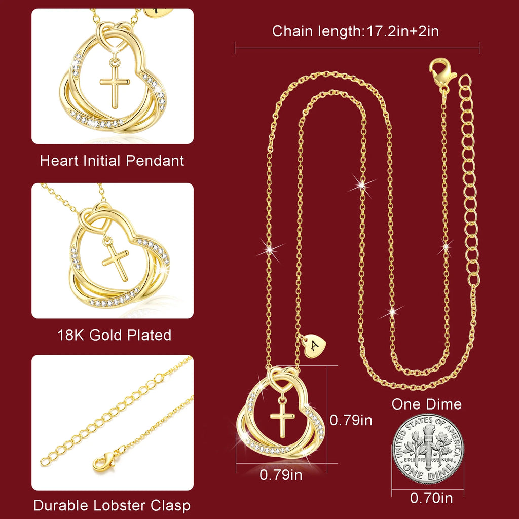 18K Gold Plated Love Heart Initial Cross Necklaces for Women Girls CZ Letter N Pendant Chain Birthday Christmas Jewelry Gifts Teen Girlfriend Wife Lady Mom Adults Stocking Stuffers for Kids Age