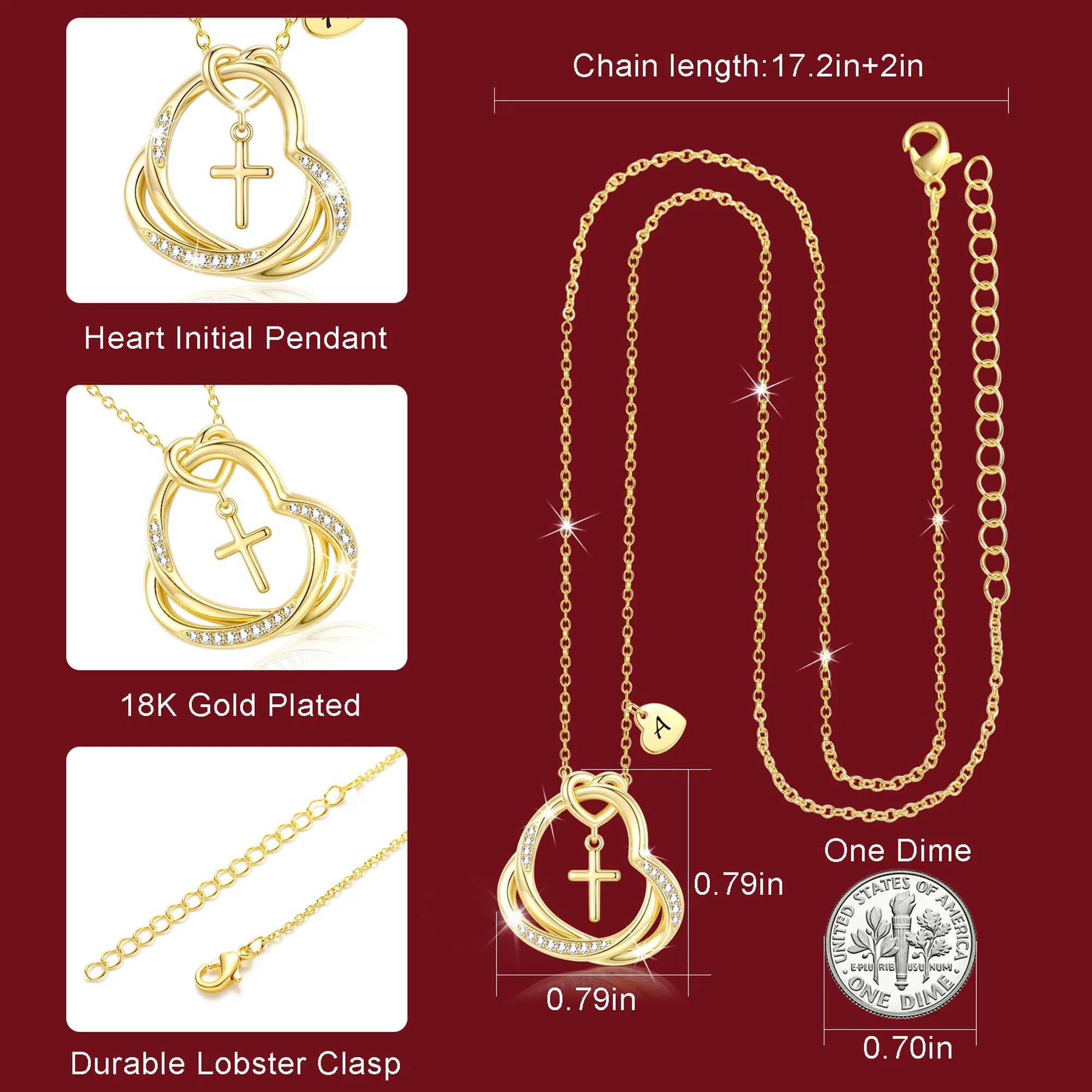 18K Gold Plated Love Heart Initial Cross Necklaces for Women Girls CZ Letter N Pendant Chain Birthday Christmas Jewelry Gifts Teen Girlfriend Wife Lady Mom Adults Stocking Stuffers for Kids Age