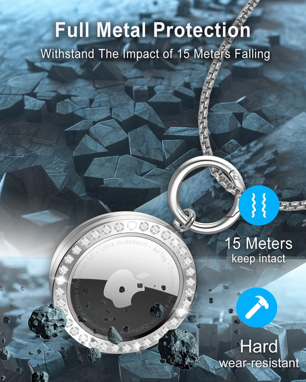Airtag Necklace,Titanium Alloy Metal Rhinestone Design Airtag Necklace,75Cm/29.5In Adjustable Alloy Chain Air Tag Neck Lace Compatible Apple Aritag