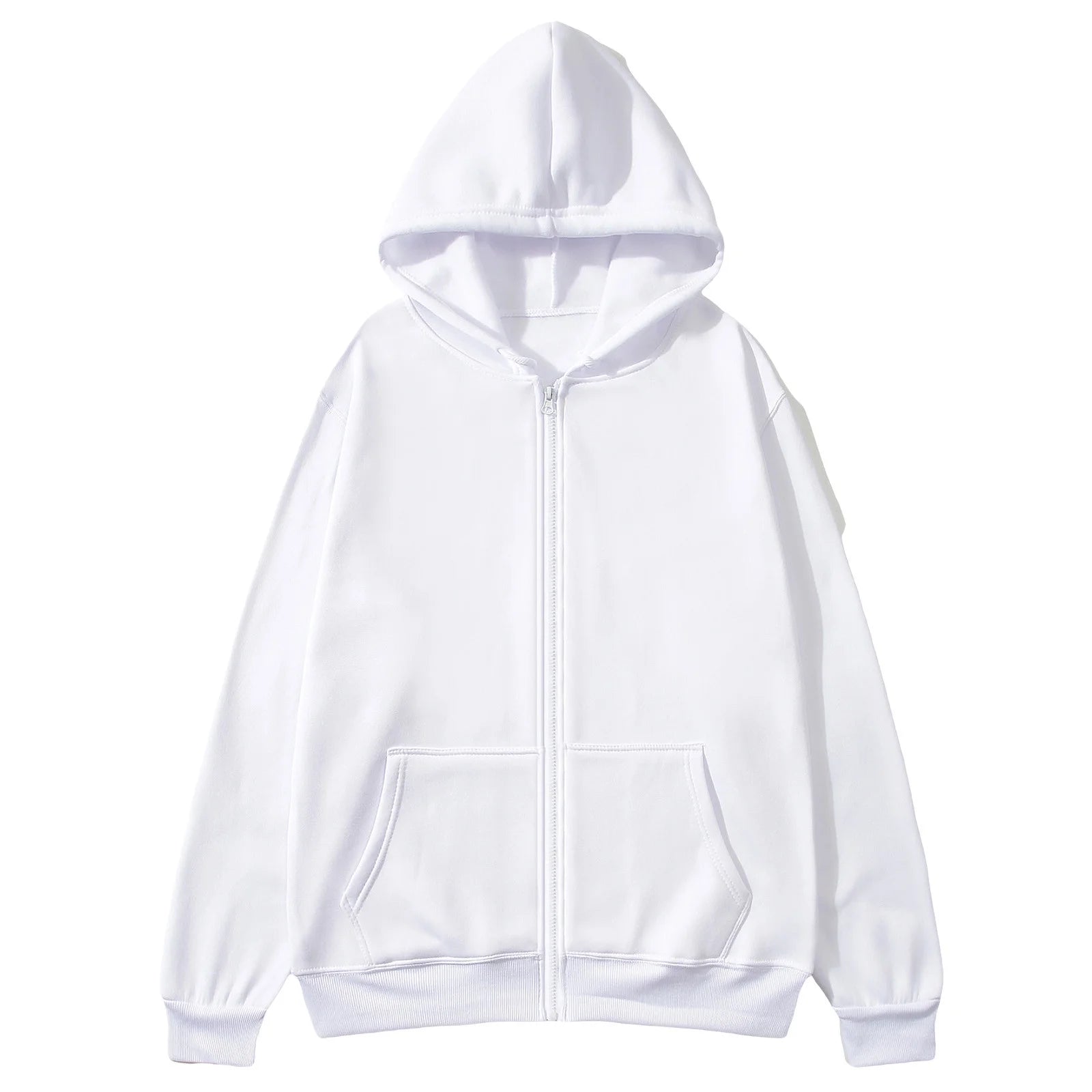 Mens Full Zip up Hoodie Long Sleeve Drop Shoulder Oversized Jacket Loose Fit Fleece Lined Fashion Solid Pullover Sweatshirt with Pocket White L