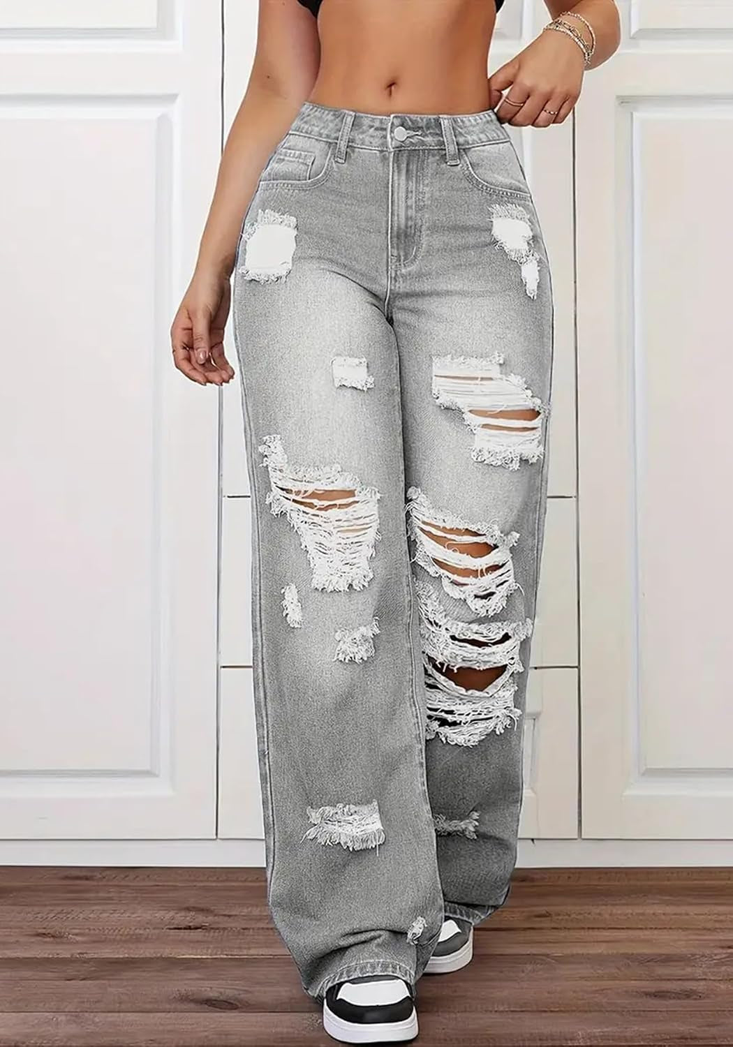 Women'S High Waisted Wide Leg Ripped Jeans Y2K Baggy Boyfriend Jeans Distressed Denim Pants