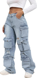 Women’S Baggy Jeans Y2K Cargo Jeans Casual High Waist Baggy Denim Cargo Pants with Pockets Streetwear