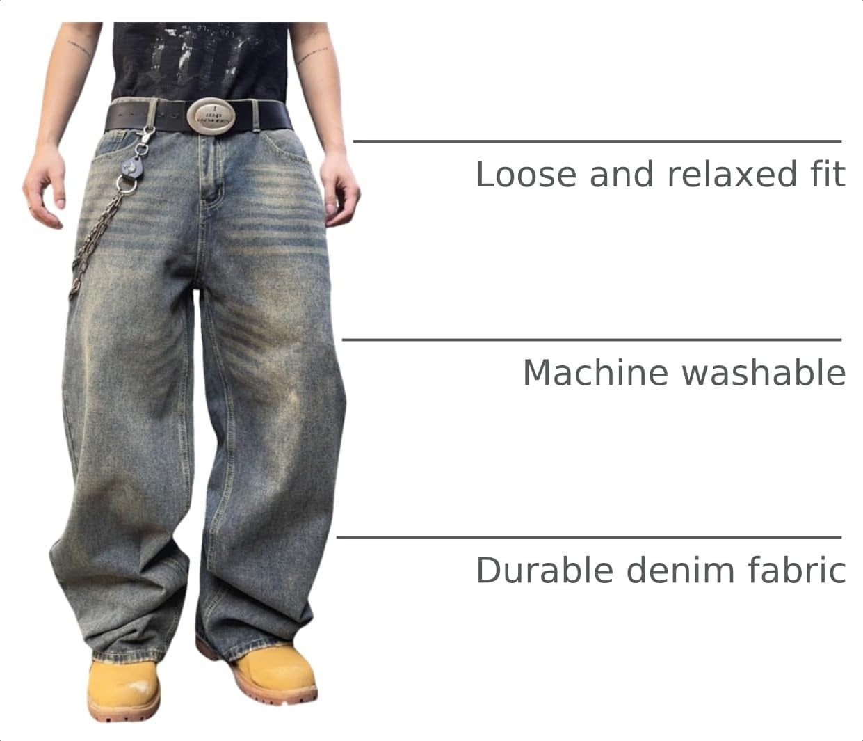 Mens Streetwear Hip Hop Baggy Jeans Wide Leg Skater Denim Pants Loose Long Trousers