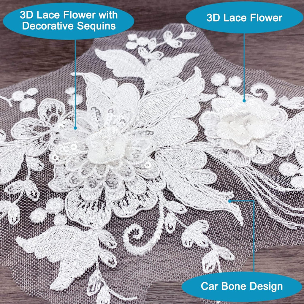 3D Flower Lace Appliques 1 Pair White Embroidered Floral Sew on Embroidery Patches for Wedding Bridal Dress Gown Clothing Bodice Craft DIY (#2 Sequin Flower)
