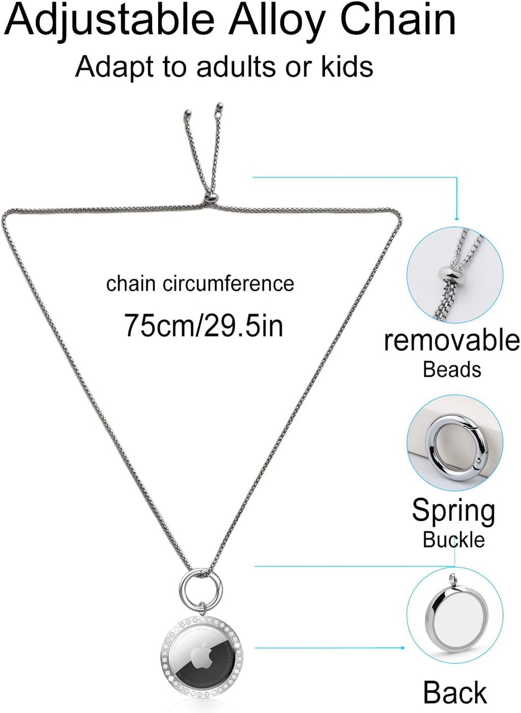 Airtag Necklace,Titanium Alloy Metal Rhinestone Design Airtag Necklace,75Cm/29.5In Adjustable Alloy Chain Air Tag Neck Lace Compatible Apple Aritag