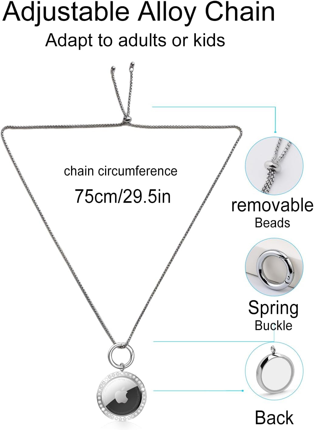 Airtag Necklace,Titanium Alloy Metal Rhinestone Design Airtag Necklace,75Cm/29.5In Adjustable Alloy Chain Air Tag Neck Lace Compatible Apple Aritag