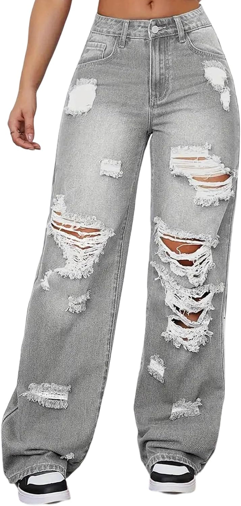 Women'S High Waisted Wide Leg Ripped Jeans Y2K Baggy Boyfriend Jeans Distressed Denim Pants