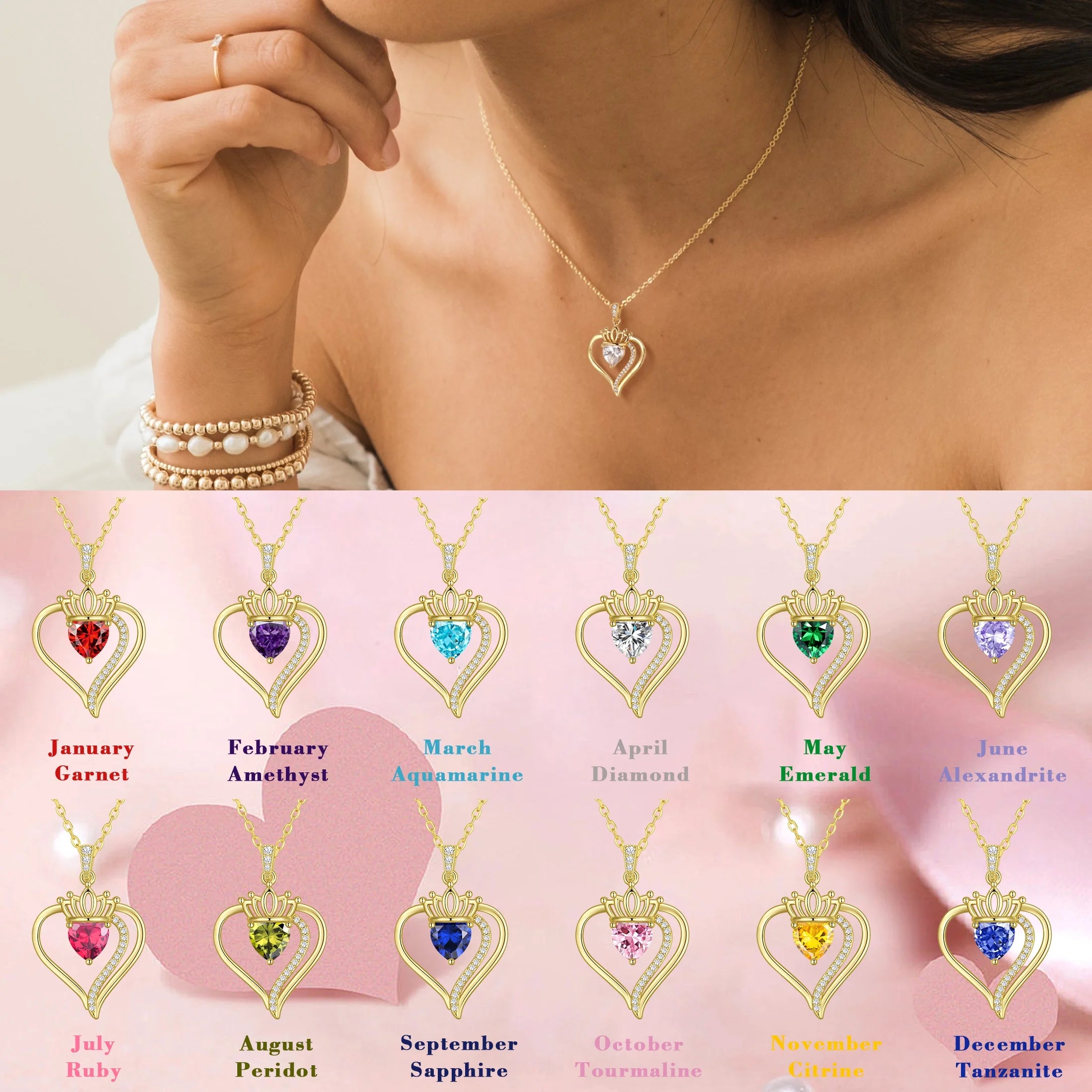 Yndra 18K Gold Plated Heart Necklace for Women,S925 Sterling Silver August Peridot Birthstone Crown Pendant Necklace,Jewelry Gift for Her Wife Mom Girlfriend,Birthday Mother’S Day Gift