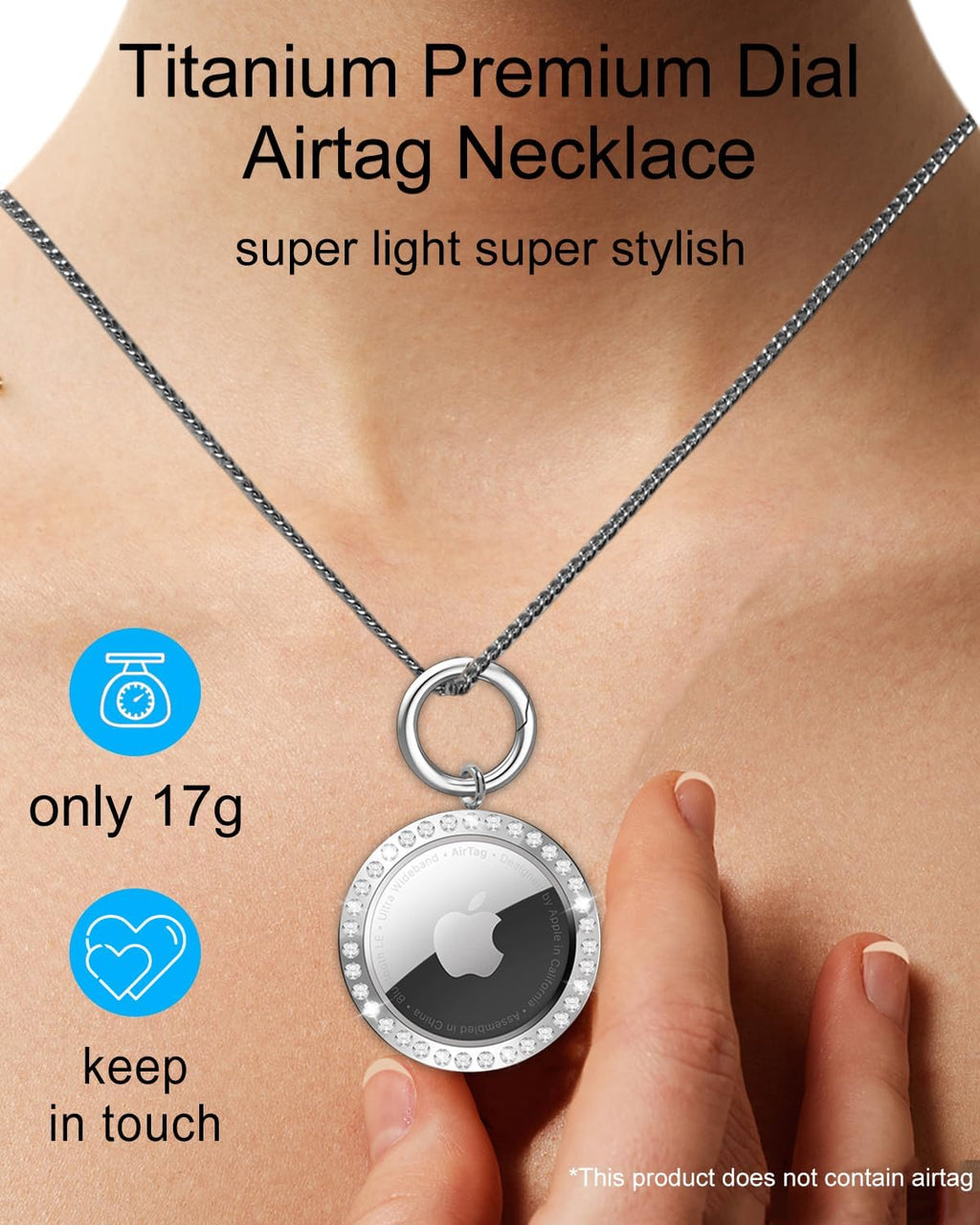 Airtag Necklace,Titanium Alloy Metal Rhinestone Design Airtag Necklace,75Cm/29.5In Adjustable Alloy Chain Air Tag Neck Lace Compatible Apple Aritag