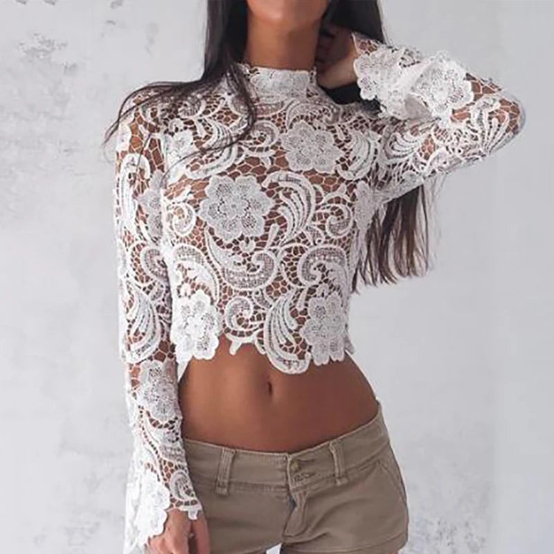 Elegant Turtleneck White Lace Blouses See through Sexy Long Sleeve Crochet Short Blouse Women Fashion Tops Floral Ladies Shirt