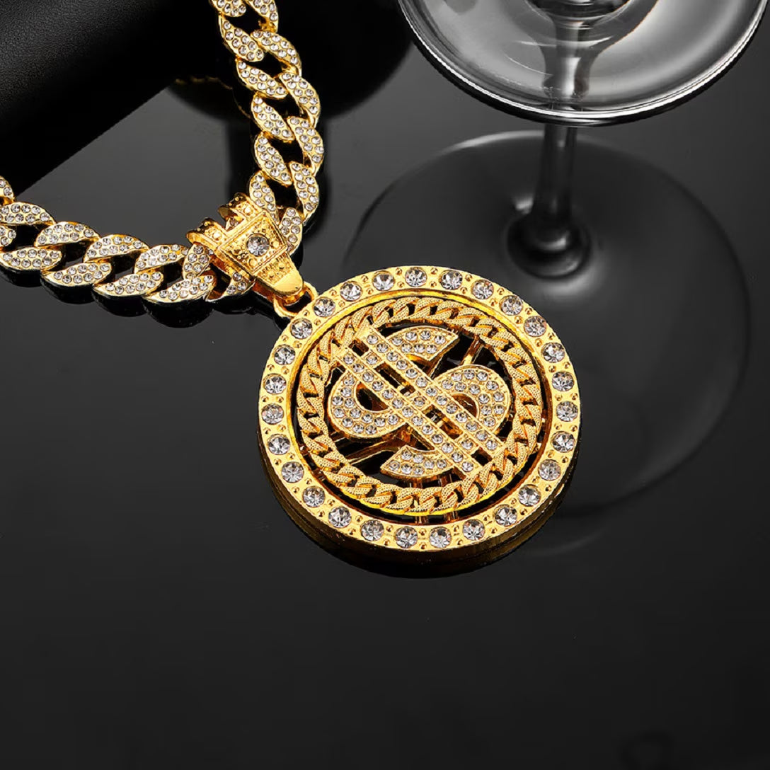 Dollar Sign Rotatable Pendant for Men Iced Out Dollar Money Cuban Necklace, Hip Hop Dollar Medal Cuban Chain Necklace Gold CZ Dollar Money Cuban Necklace Men’S Rapper Dollar Symbol Jewelry