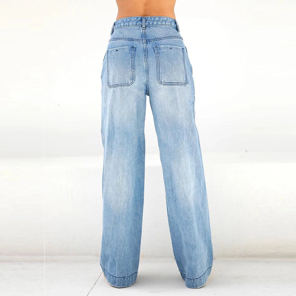 Women'S Fashion Jeans High Waisted Wide Leg Jeans Summer Casual Straight Baggy Jeans Color Block Patch Denim Trousers Dark Blue,M