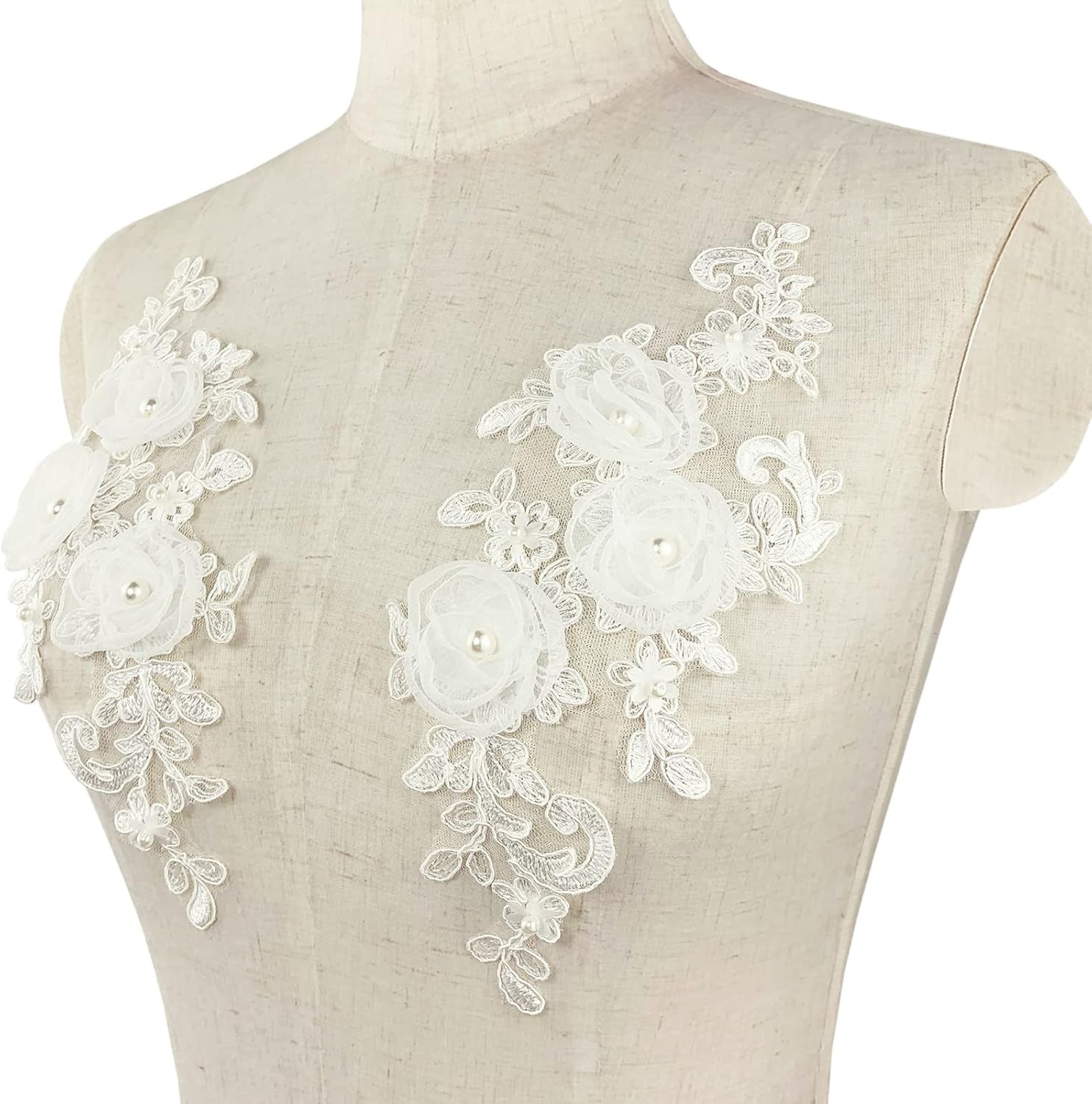 Sew on Embroidered Lace Flower Appliques, 1 Pairs 3D Pearl Organza White Floral Embroidery Patches for Wedding Bridal Dress Gown Headpiece Clothing Bodice Craft DIY (White-Off)