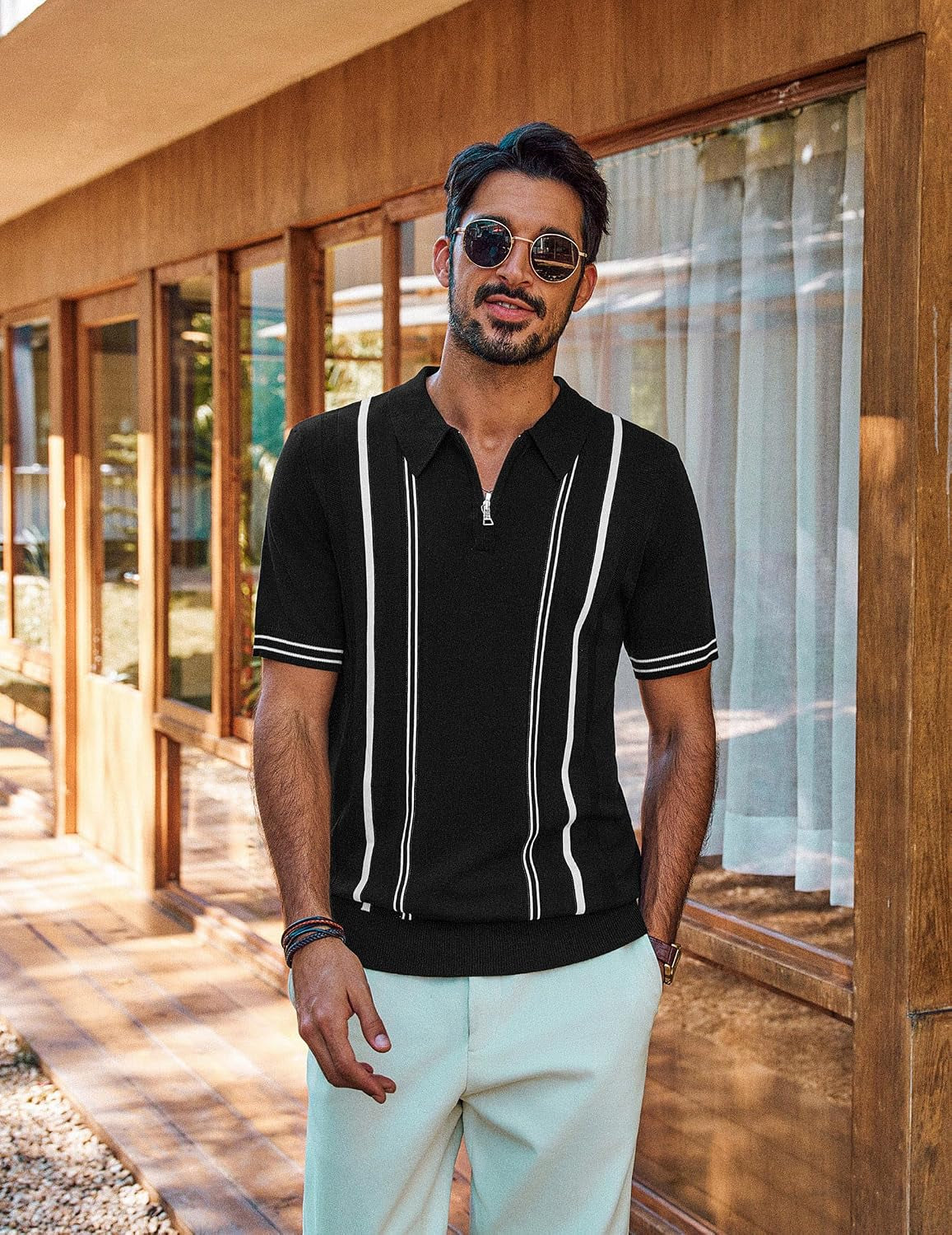 Mens Knit Polo Shirts Short Sleeve Quarter Zip Golf Shirt Vintage Shirts for Men