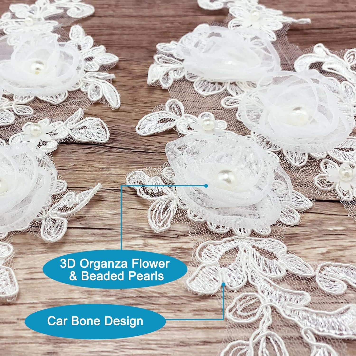 Sew on Embroidered Lace Flower Appliques, 1 Pairs 3D Pearl Organza White Floral Embroidery Patches for Wedding Bridal Dress Gown Headpiece Clothing Bodice Craft DIY (White-Off)