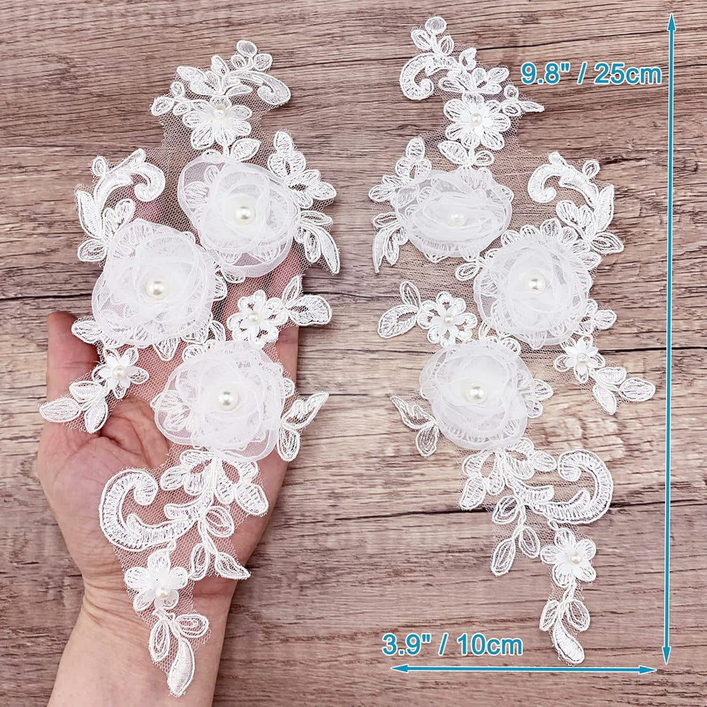 Sew on Embroidered Lace Flower Appliques, 1 Pairs 3D Pearl Organza White Floral Embroidery Patches for Wedding Bridal Dress Gown Headpiece Clothing Bodice Craft DIY (White-Off)