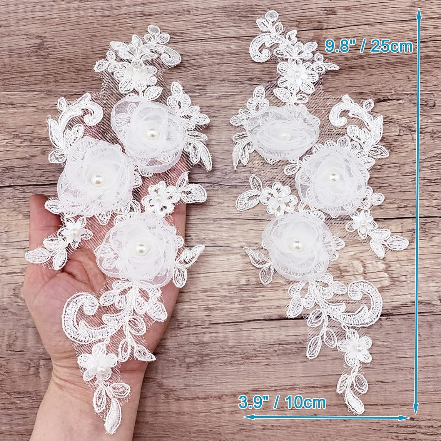 Sew on Embroidered Lace Flower Appliques, 1 Pairs 3D Pearl Organza White Floral Embroidery Patches for Wedding Bridal Dress Gown Headpiece Clothing Bodice Craft DIY (White-Off)