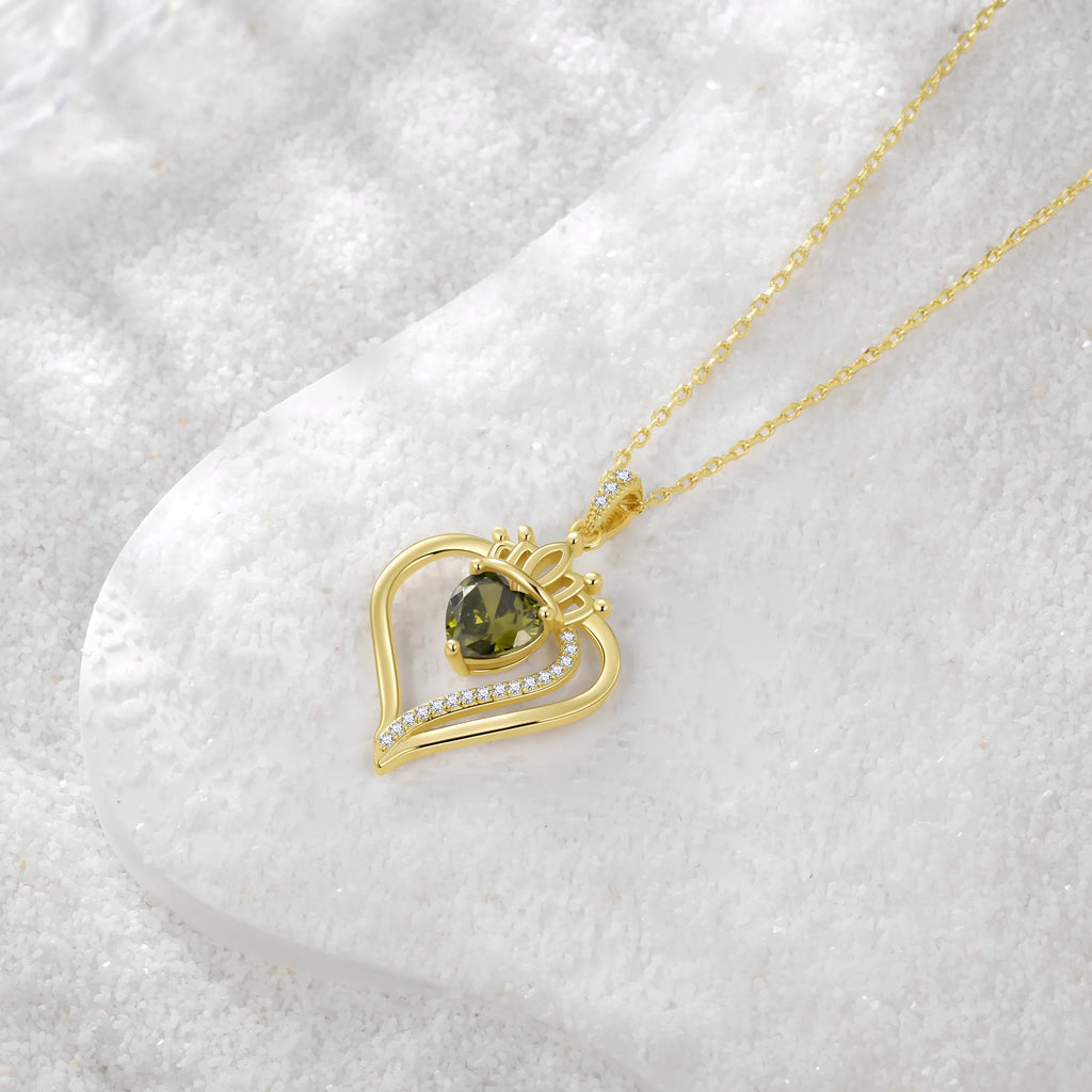 Yndra 18K Gold Plated Heart Necklace for Women,S925 Sterling Silver August Peridot Birthstone Crown Pendant Necklace,Jewelry Gift for Her Wife Mom Girlfriend,Birthday Mother’S Day Gift